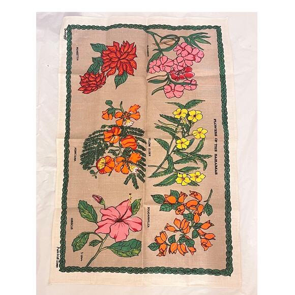 Vintage Dunmoy Irish Linen Tea Towel - Flowers of the Bahamas - Excellent Unused - Picture 1 of 11